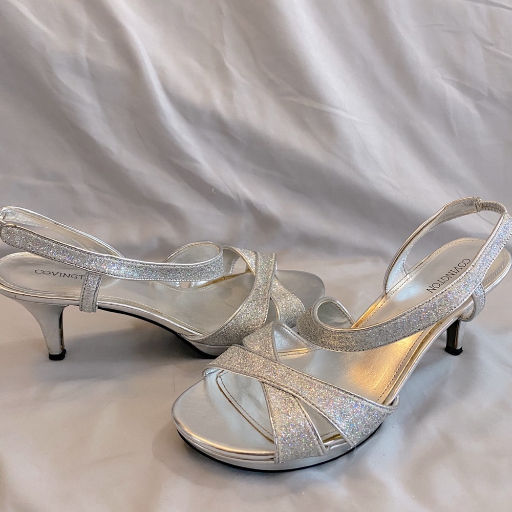 Silver Covington strappy sparkly heels, size 8.5